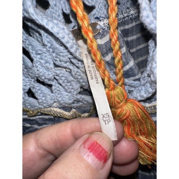 Free People Allora Blouse Womens Small Blue Peasant Cropped Crochet Striped XS - Picture 4 of 6